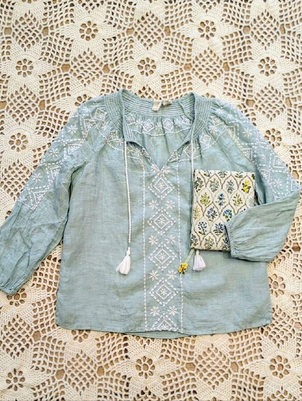 Joie Linen 3/4 Sleeve Embroidered Boho Tribal Lightweight Tassel Tie Top